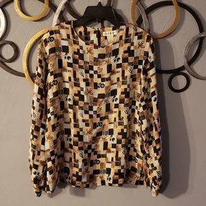 Cinq Cream Tan Black 100% Silk Long Sleeve Pullover Crew Neck Blouse Size M